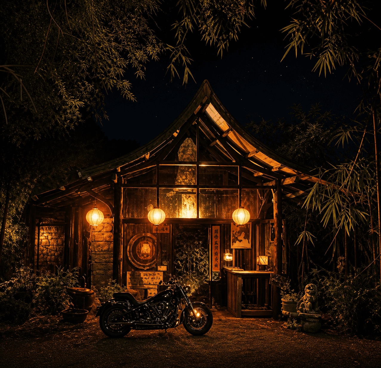 The shrine at night — lantern-lit teahouse in the woods